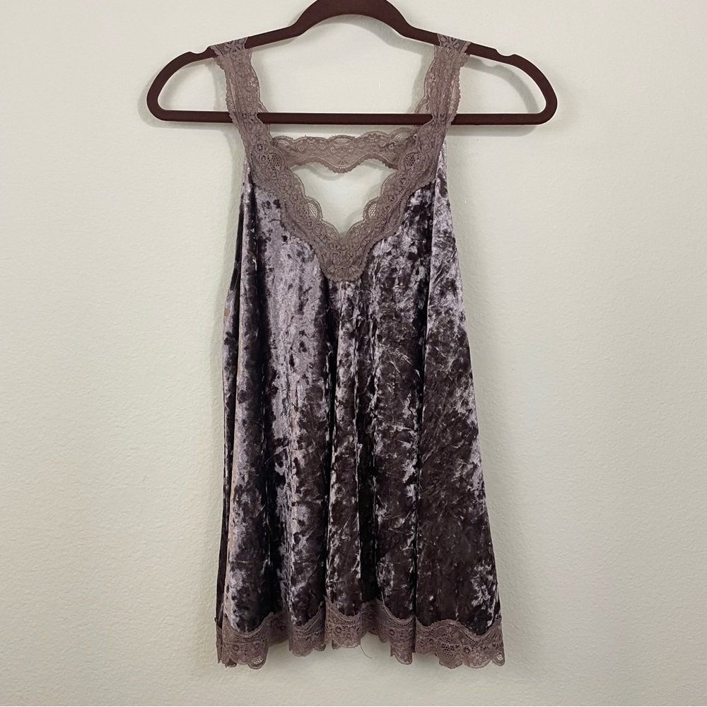 POL Brown Crushed Velvet V Neck Lace Trim Flowy Tank Size Small Boho-Western